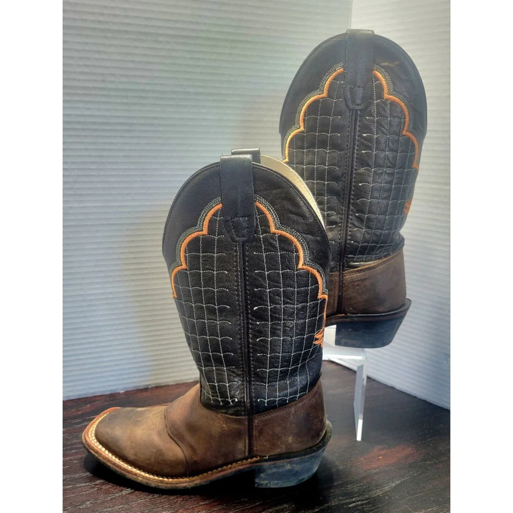 Old West Boy's Boots Size 2.5 D Brown Leather BSC1865 Plaid Top Orange